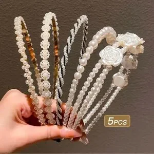 Elegant Pearl and Floral Headband 5 Pcs set - White Accessories | Elegant Pearl And Floral Headband 5 Pcs Set  main image 3